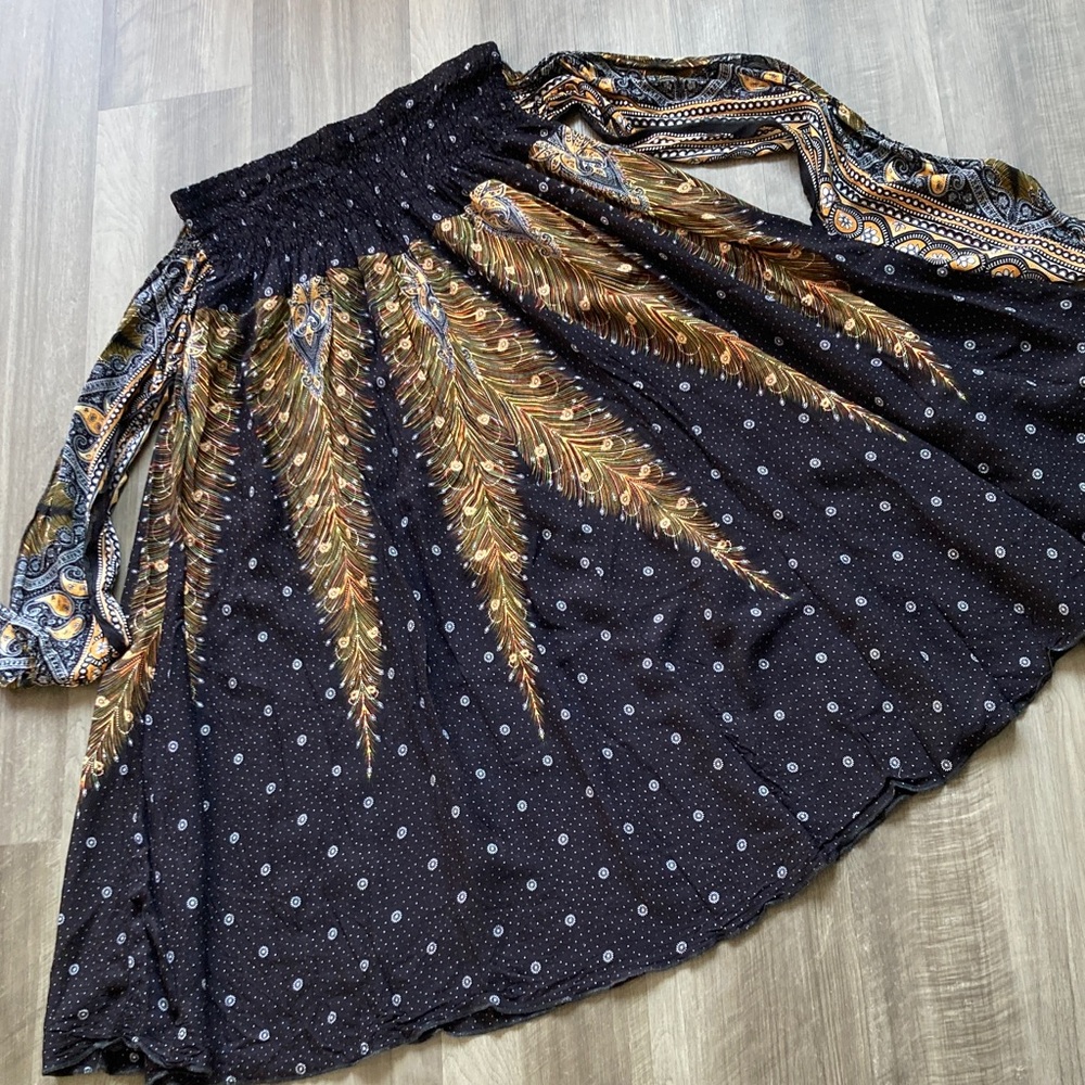 Happy Trunks Smocked Peacock Feather Self Tie Maxi Skirt Boho Global sz 3XL - Picture 7 of 8
